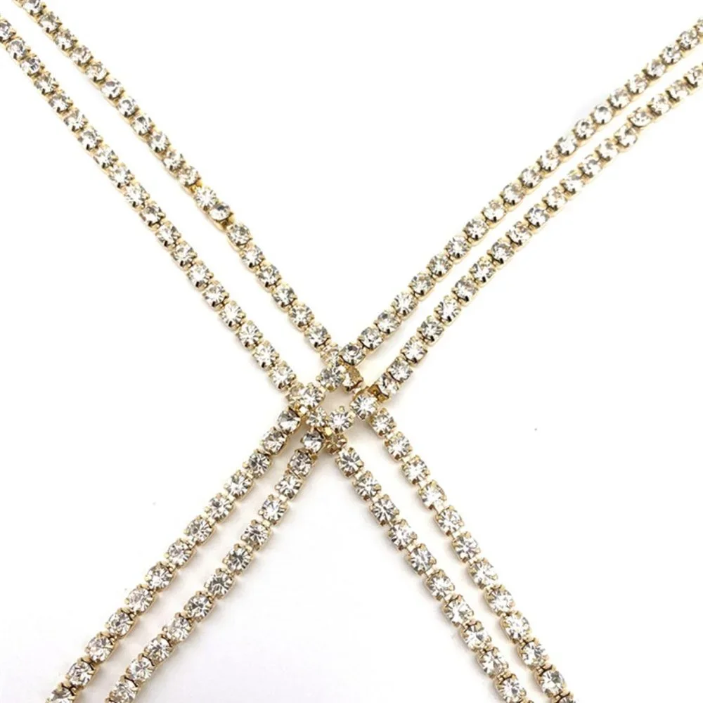 Double Criss Cross Sparkling Rhinestone Bust Body Harness Chain - Picture 6 of 6